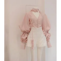 2023 Summer Sweet Gentle Solid Color Long-Sleeve Shirts Pink Bowknot Blouses+high Waisted Shorts Two Piece Sets Womens Outifits