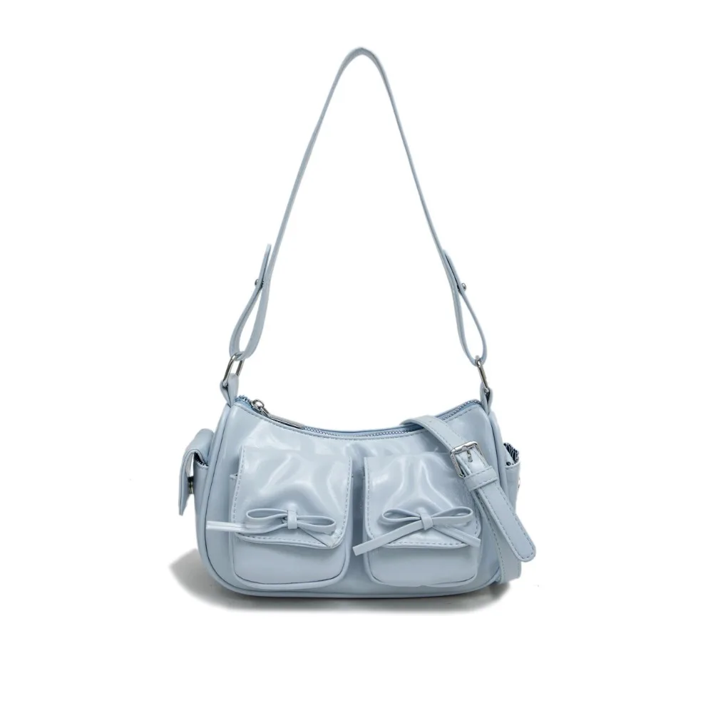 

Multiple Pockets Bow Crossbody Bag Korean Style Y2K PU Leather Underarm Bag Solid Color Adjustable Shoulder Strap Women Handbag