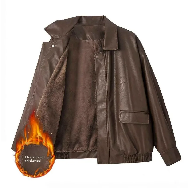 เสื้อแจ็คเก็ตหนังสีน้ำตาลสำหรับผู้ชายและผู้หญิง ไซส์เล็ก สไตล์เรียบง่ายแบบอเมริกัน เสื้อผ้าผู้หญิงใหม่ล่าสุด แฟชั่นฤดูใบไม้ร่วงและฤดูหนาว สไตล์มาเดียร์