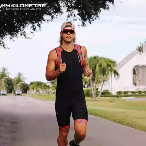 Men’s Triathlon Suit Sleeveless Cycling Skinsuit Professional Race Tri Suit Breathable Compression One Piece MY KILOMETRE