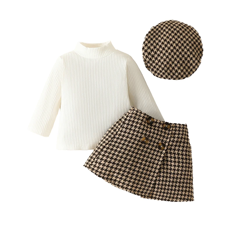 

Baby Girls Skirt Set Toddler Ribbed High Neck Tops and Houndstooth Mini Skirt Hat Outfits Infant Suits