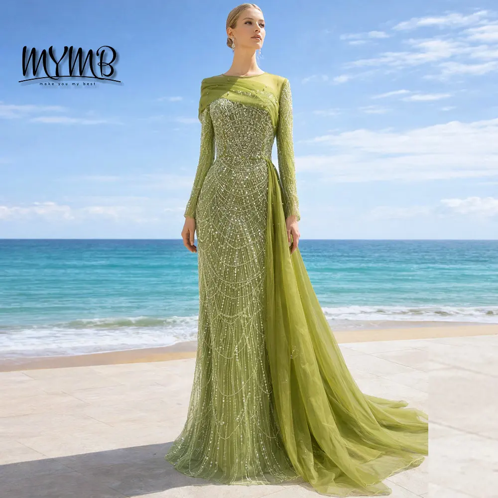 

MYMB Stylish Beaded Mermaid Champagne Evening Wedding Gowns for Women Muslim Elegant Long Sleeves Party Dresses with Overskirt