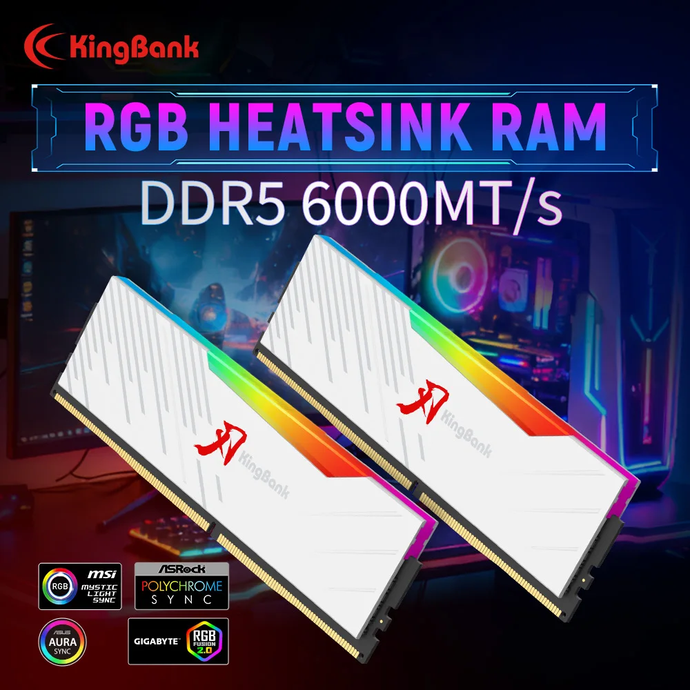 KINGBANK KRRW DDR5 RGB RAM 16GBx2 6000MHz CL30 Desktop Computer Memory Hynix M Die for Gaming Overclocking Memory with Heatsink