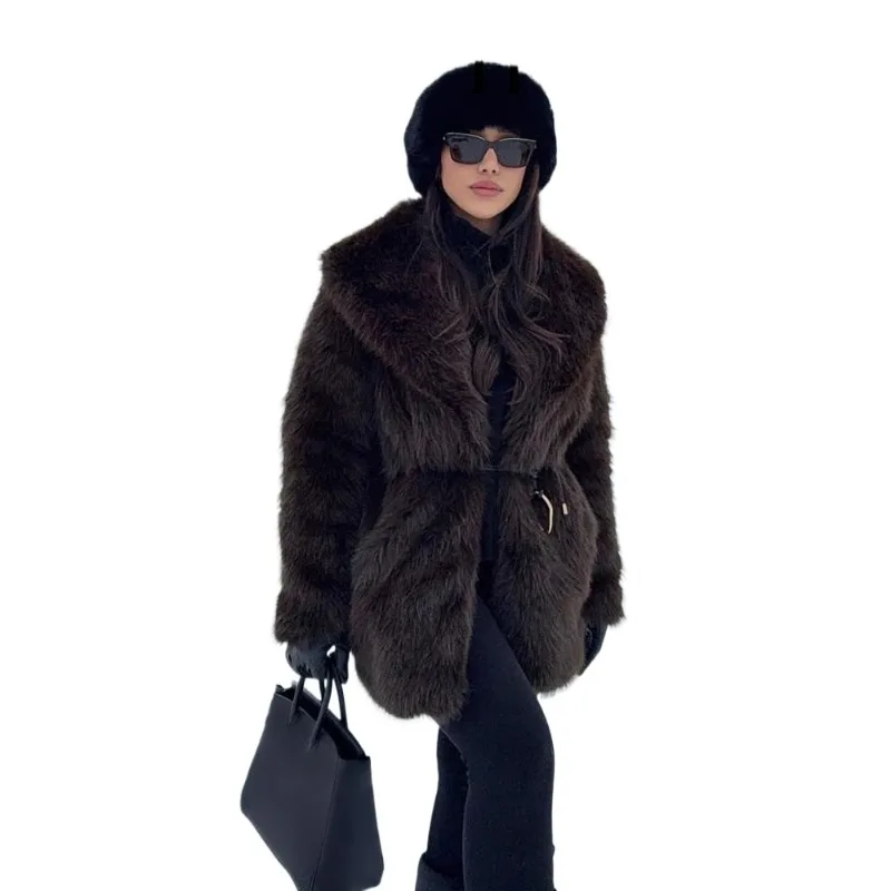 여성용 가을 겨울 빈티지 두꺼운 따뜻한 코트 솔리드 턴다운 칼라 긴 소매 벨트 장식 여성 패션 아우터웨어