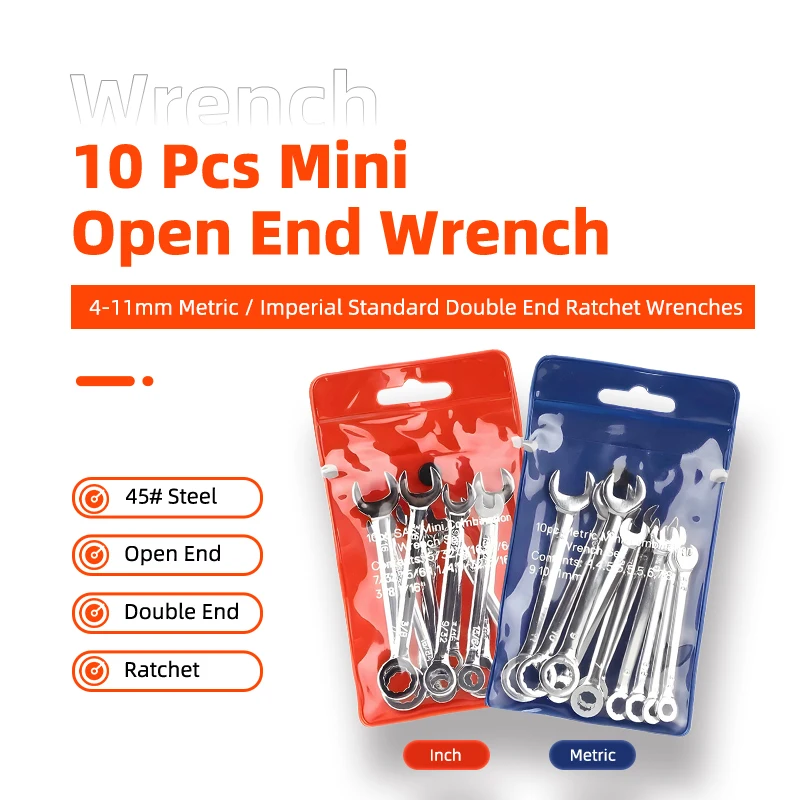 10 Pcs Mini Open End Wrench 4-11mm Metrci / Imperial Standard 45# Steel Double End Ratchet Wrenches Mini Combination Spanner