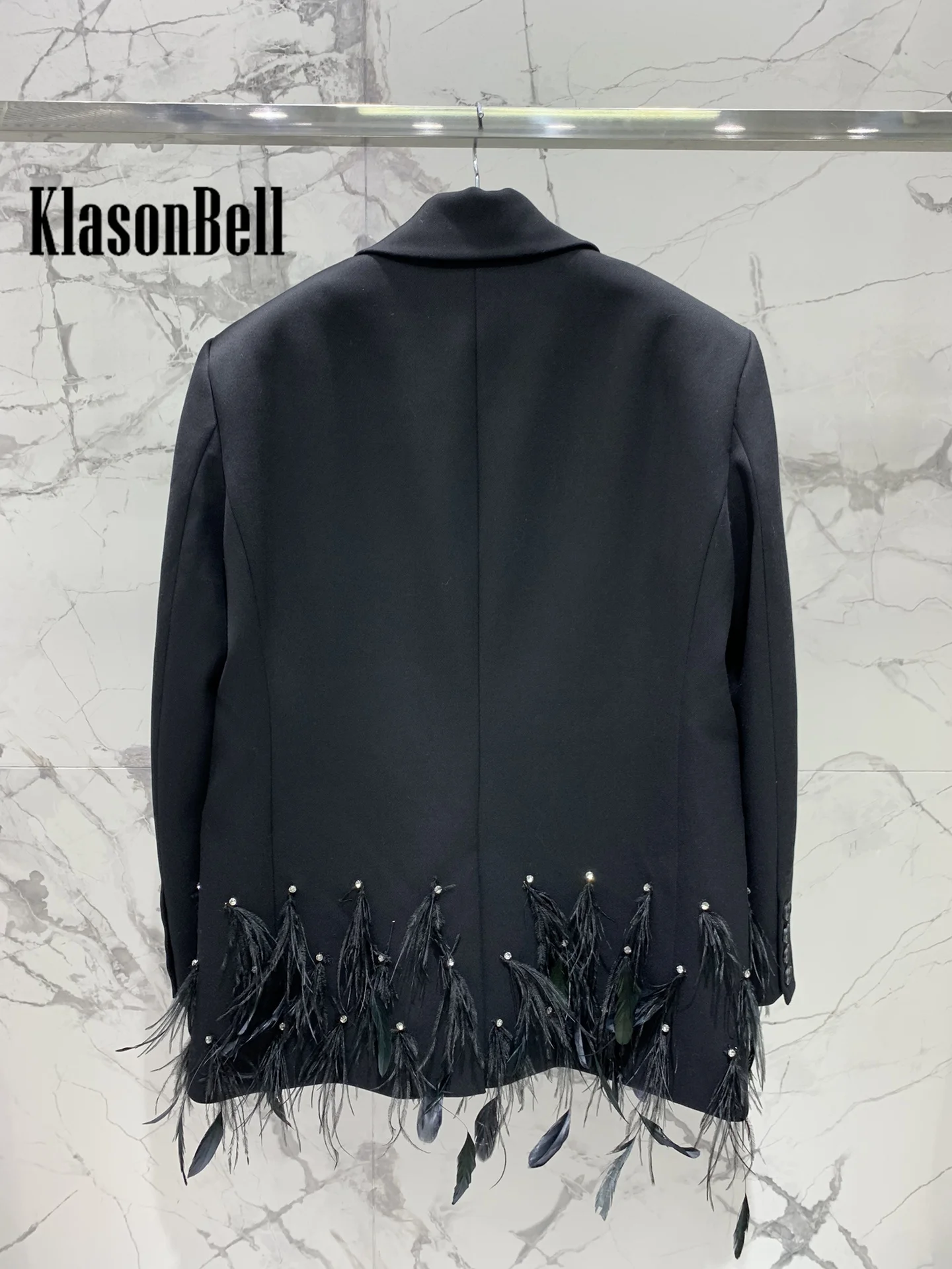 8.4 KlasonBell Women Noble Fashion Feathers Beading Loose Blazer Temperament Shoulder Pads Single Breasted Black Jacket Coat