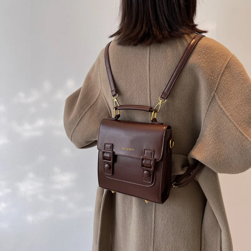 レザーカムブリッジバッグ フレンチレトロミニマリストバックパック、クロスボディとトップハンドルオプション付きの新しい秋の女性用バッグ