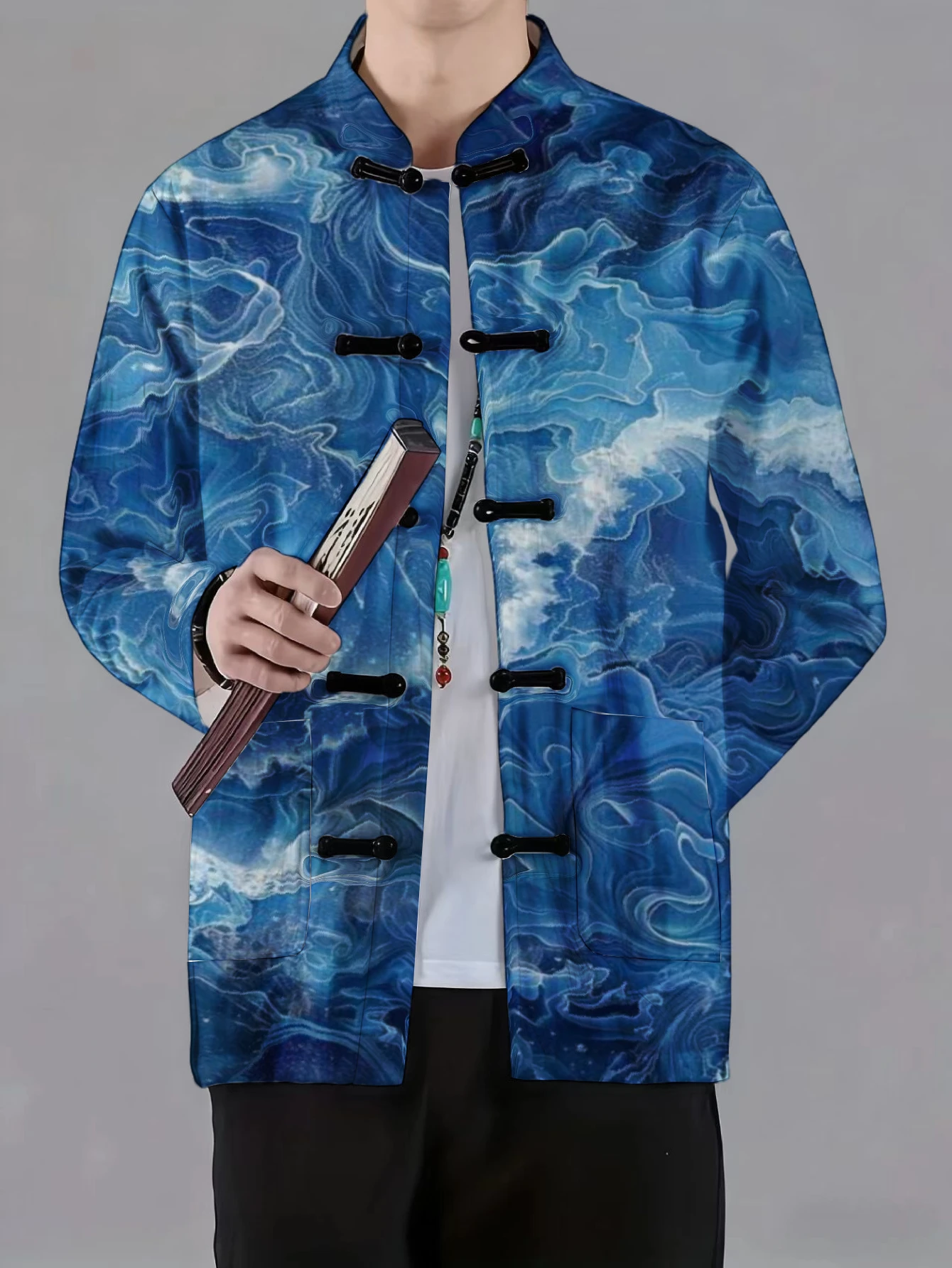 Men Mandarin Collar Frog Button Jacket Maple Leaf Wave Palm Art Print Traditional Outerwear