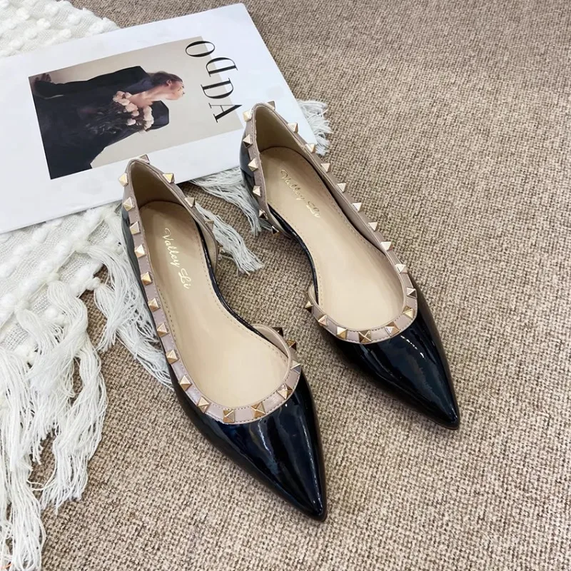 Pointed Rivet Single Shoes Women 2026 New Spring and Summer Inside Heightening French Side Empty Shallow Flats
