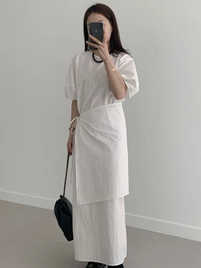 Chic White Long Dress Women's Summer round Neck Tie Waist Gown French Style Short Sleeve Loose Fit City Commute Dress