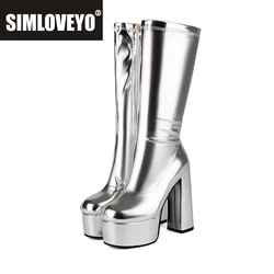 ASILETO 14cm tacco largo 5cm stivali al ginocchio piattaforma punta tonda ecopelle argento taglia grande 43 44 45 46 47 48 US16 US17