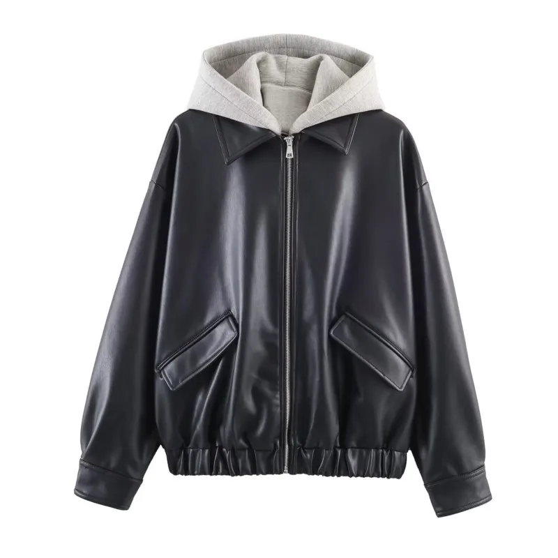 

Women Contrast Faux Leather Jacket with Hoodie Spring Summer Long Sleeve Pocket Zipper Women's Coats Female Chic Top