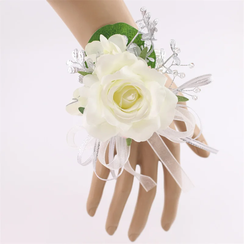 Ivory ข้อมือ Corsage เพื่อนเจ้าสาวน้องสาว Handmade ดอกไม้ประดิษฐ์ผ้าไหมกุหลาบสร้อยข้อมือดอกไม้สําหรับงานแต่งงานเต้นรํา Party Decor