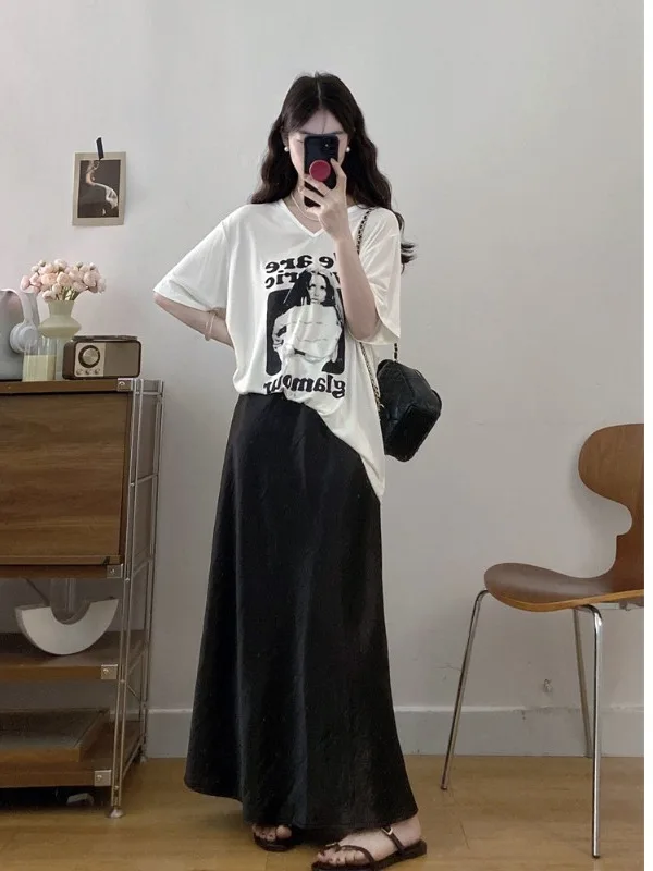 

plus Size Women's Lazy Sle White Print V-Ne ort Sve T-irt High Waist Satin Skirt Set Summer New Arrival Loose Fit ...