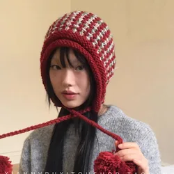 Japanese Handmade Knitted Mixed-color Pom-pom Pullover Hat Outdoor Warm Ear Protection Big Head Versatile Strap Skull Beanie Cap