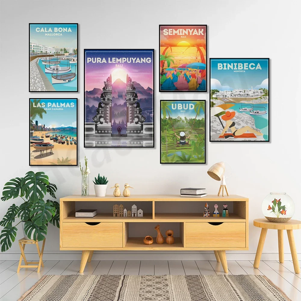 Cala Bona Bay Mallorca, Binibeca Menorca, Kyrenia Cyprus, Toviskas Tenerife, Ubud Bali, Ulua, Seminyak Bali travel poster print