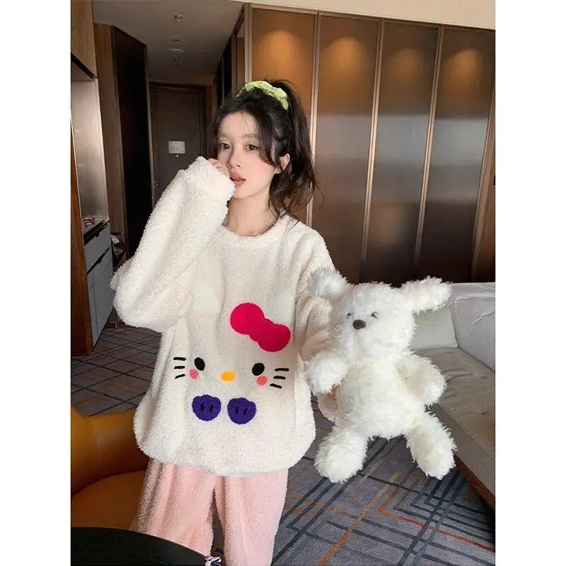 

Женский пижамный комплект Sanrio Hello Kitty в японском стиле, с круглым вырезом, из плюшевого фланеля, зимний, утолщенный, теплый, милый, для дома и сна