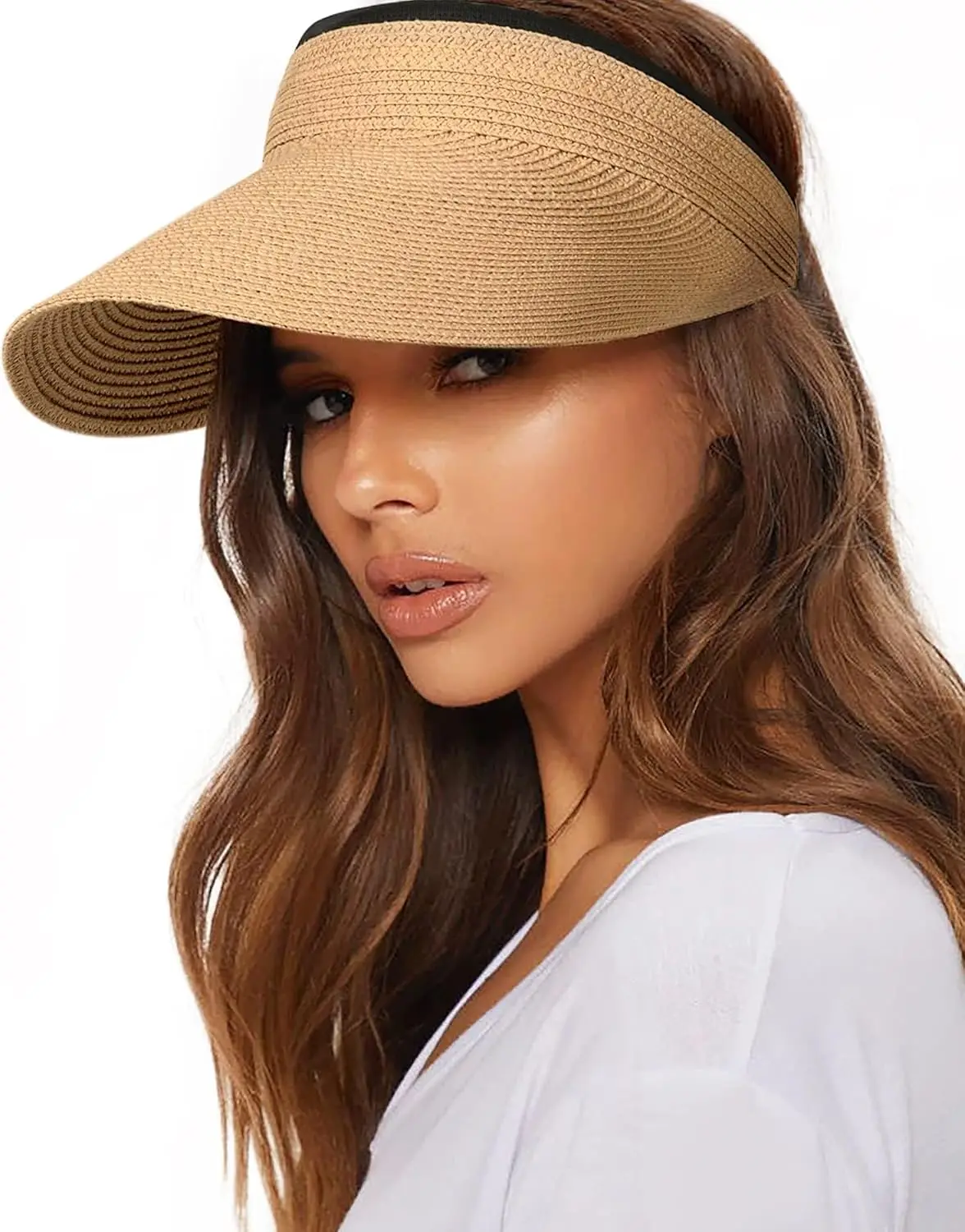 

Womens Sun Visor Hat Straw Sun Visors for Women Summer Packable Ponytail Beach Hats for Women Travel UPF 80+