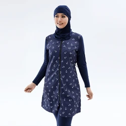 Muslim Women's Loose Swimsuit, Navy Blue Printed Swimsuit, Beach Wear with Cap, New Burkini, S-4XL, 3Pcs, M131