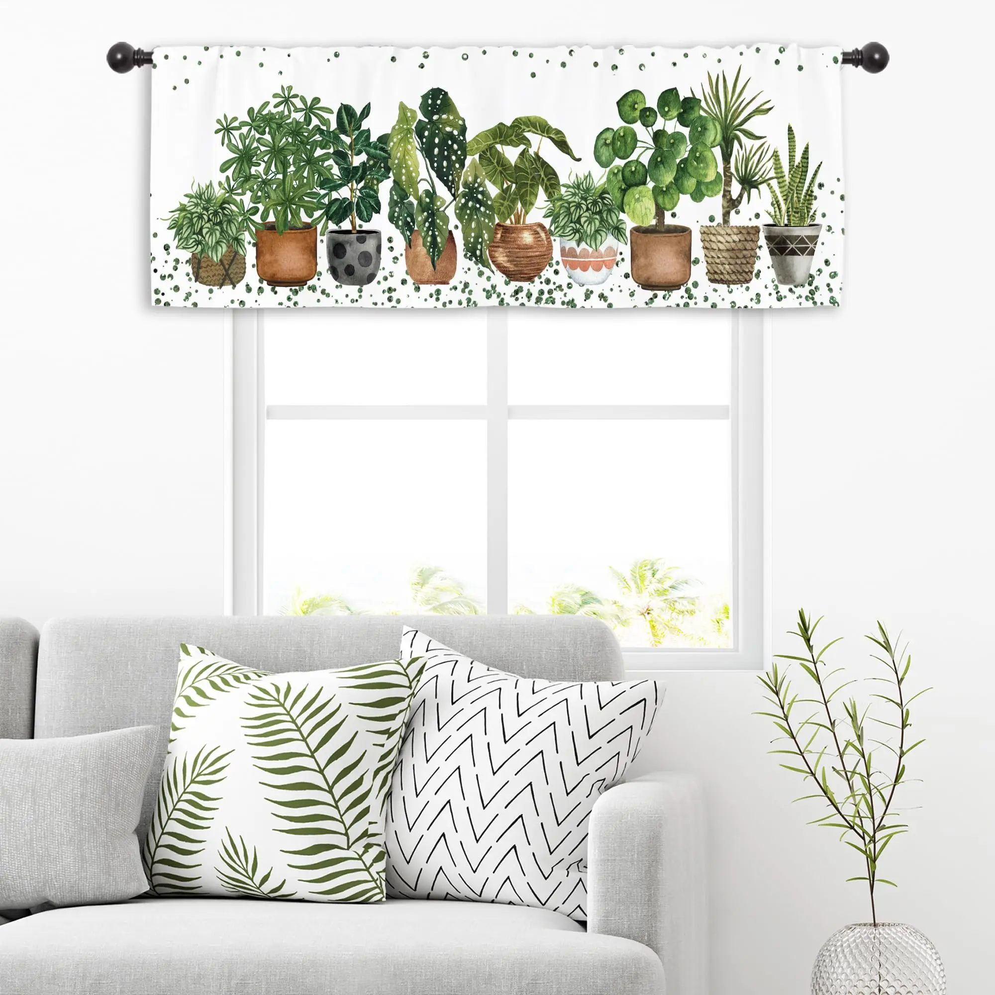 Green Plant Botanical Kitchen Curtain Valance Rod Pocket Nature Potted Tropical Window Treatment Living Room Bedroom Bathroom