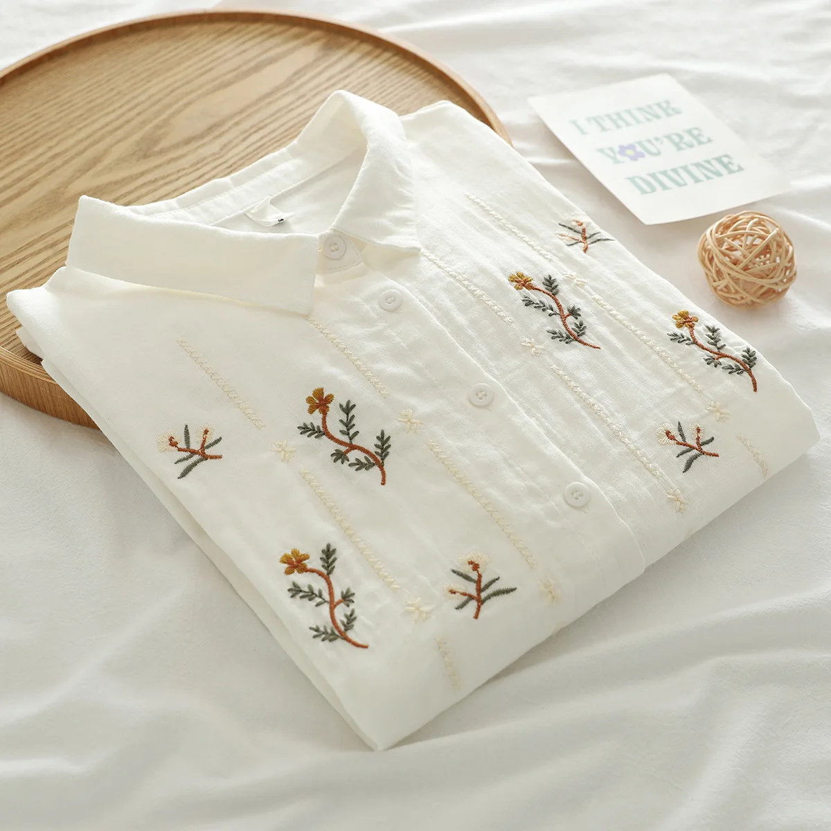 New Summer Cotton Yarn Casual Shirt Women Lapel Short Sleeve Embroidery Tops Girl Loose Sweet OL Blouses 2024 Autumn T45820QC