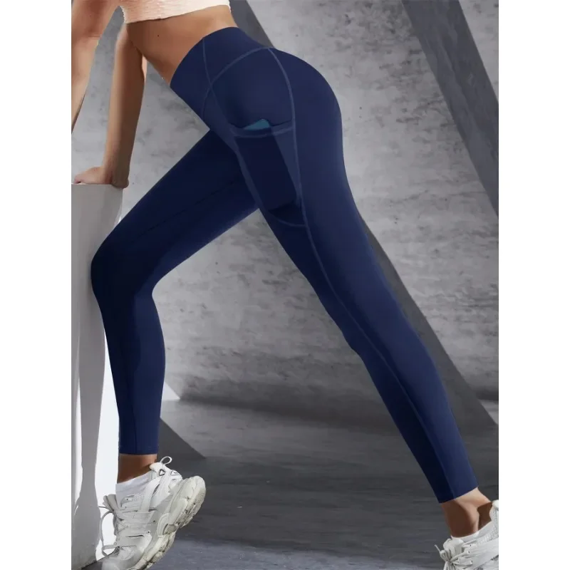 Leggings da yoga a vita alta da donna Pantaloni da palestra elasticizzati Collant con tasche Push Up Fitness Corsa Abbigliamento sportivo Pantaloni tinta unita