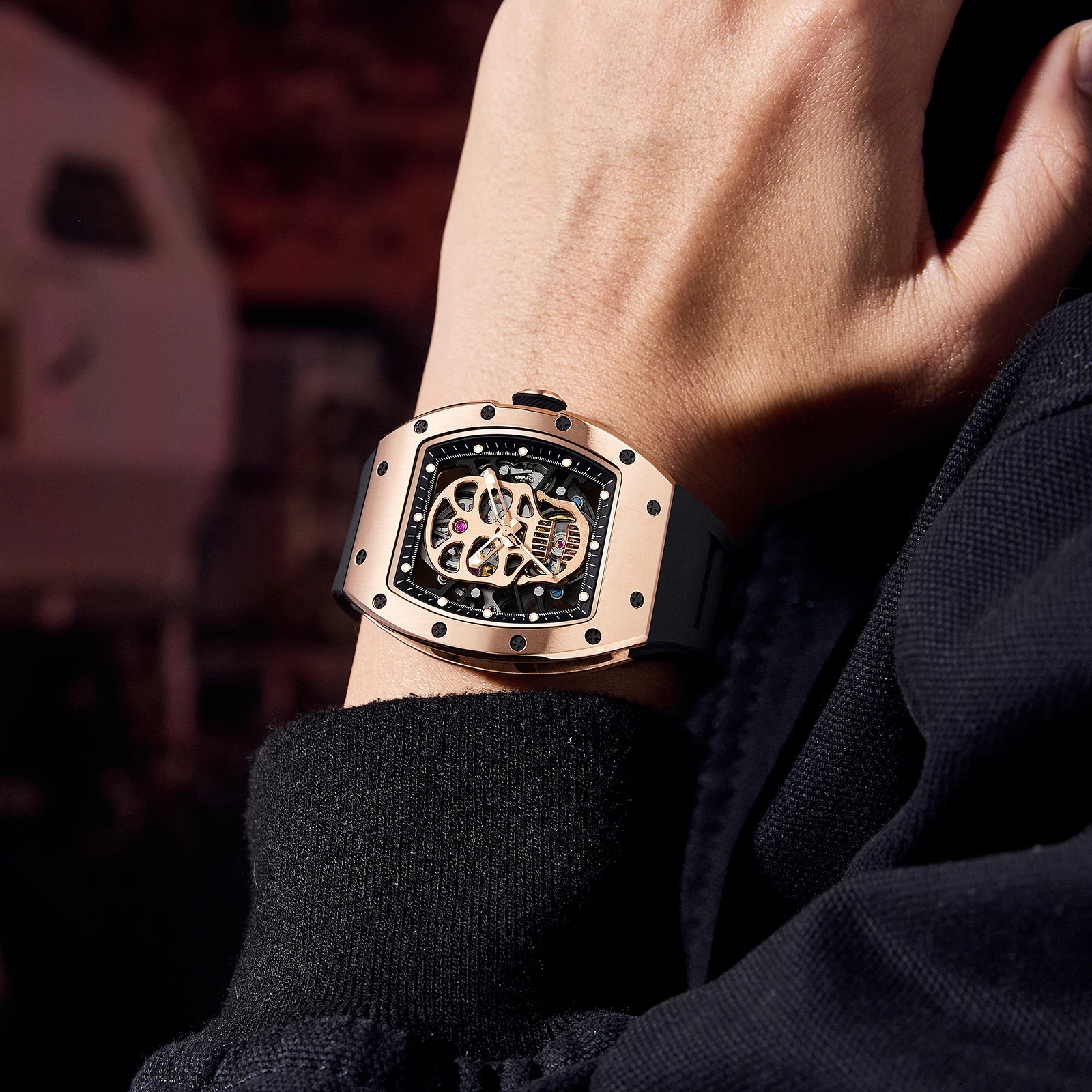 JC-9-190G-7 Carbon Fiber Luxury Hollow Dial Automatic Watches Waterproof Luminous Silicone Strap Men Mechanical Watch