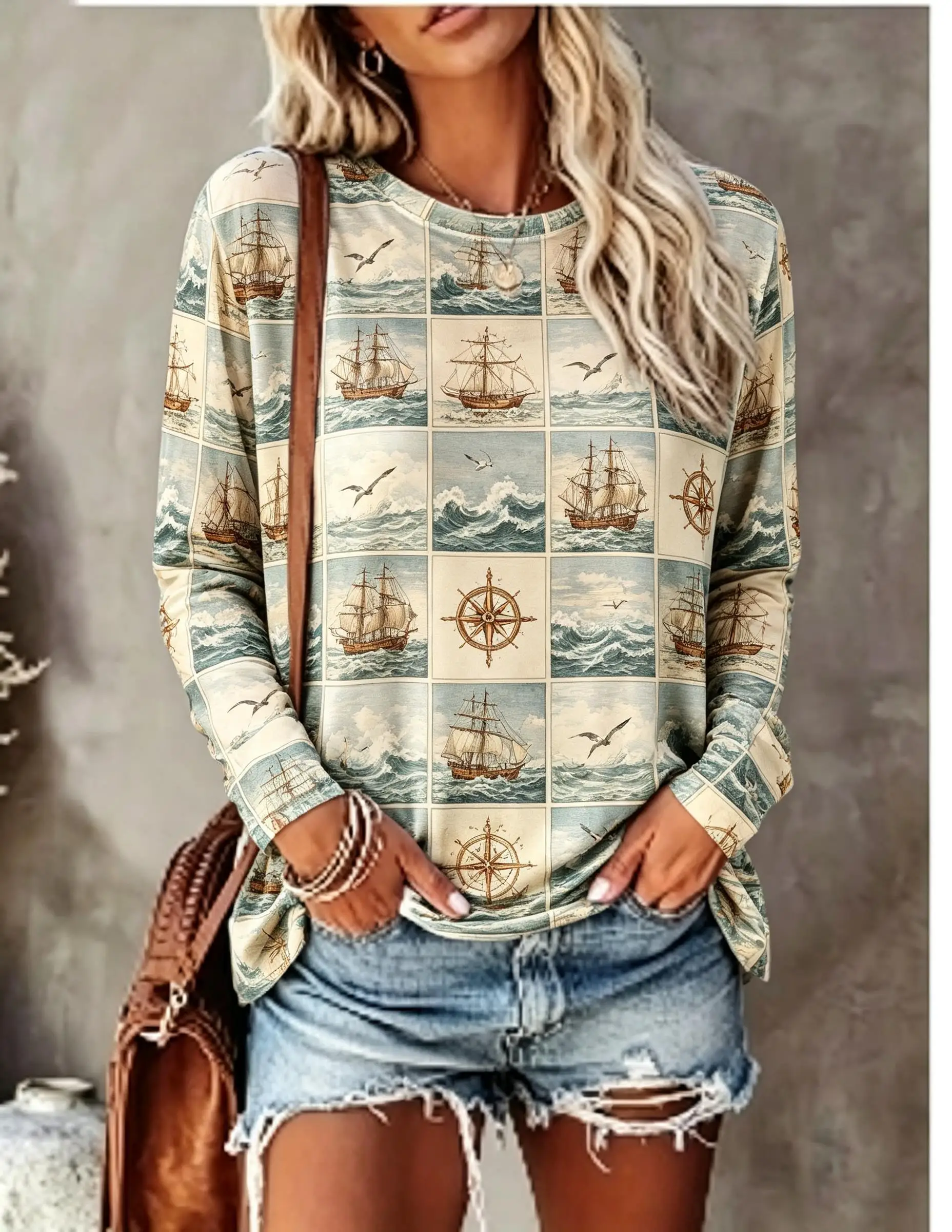 Women Long Sleeve T Shirt Vintage Nautical Sailboat Wave Compass Grid Print Crew Neck Casual Fall Tops