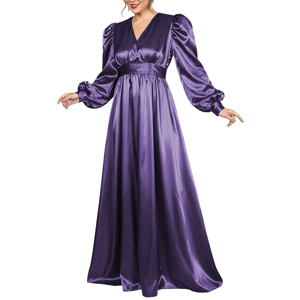 

Evening Party Satin Maxi Dress for Women Elegant V Neck Puff Long Sleeve A-line Dress Plus Size Empire Waist Cocktail Prom Gown