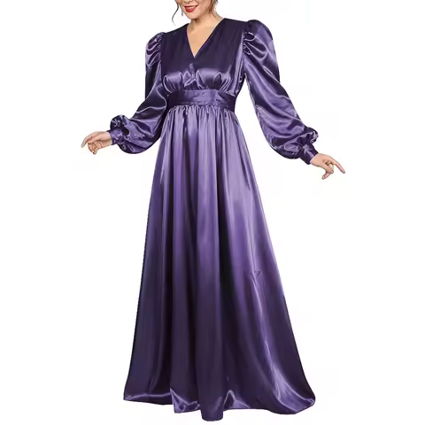 Evening Party Satin Maxi Dress for Women Elegant V Neck Puff Long Sleeve A-line Dress Plus Size Empire Waist Cocktail Prom Gown