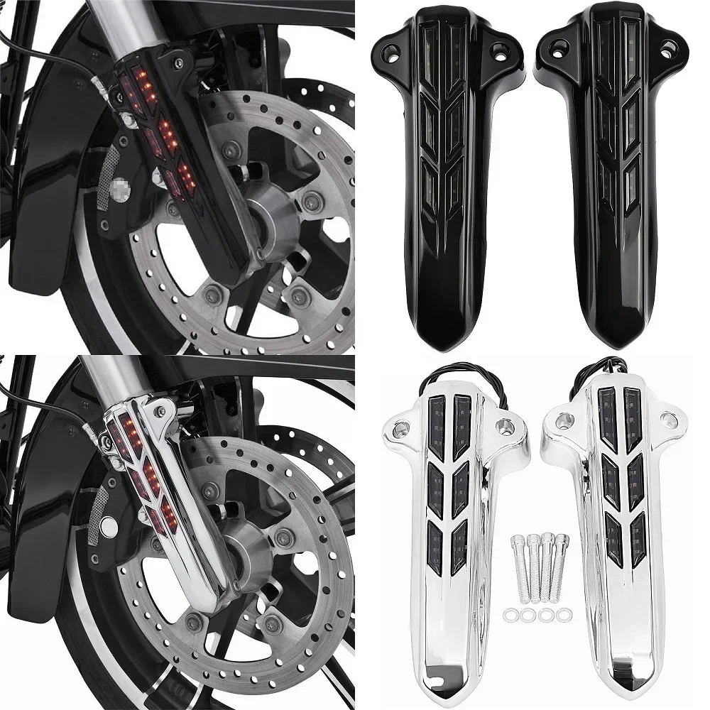 

Motorcycle LED Front Fork Lower Leg Covers Slider Running Signals Light For Harley Touring Electra Street Glide Road King 14-19