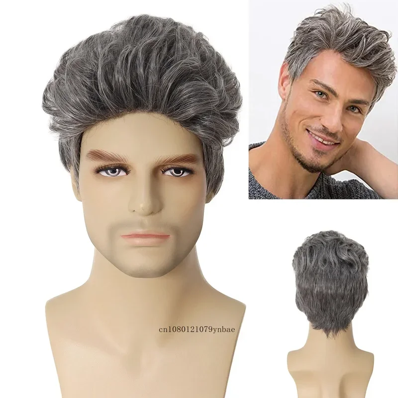 Synthetic Short Haircuts Grey Wigs for Men Heat Resistant Fiber Old Man Cosplay Costume Party Gray Wig Natural Curly Elderly Wig