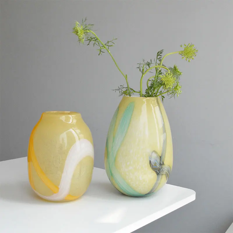 

Glass Colored Striped Glass Vase Desk Decoration Flower Arrangement Artificial Flower Decoration Vase Room Aesthetic Decoration