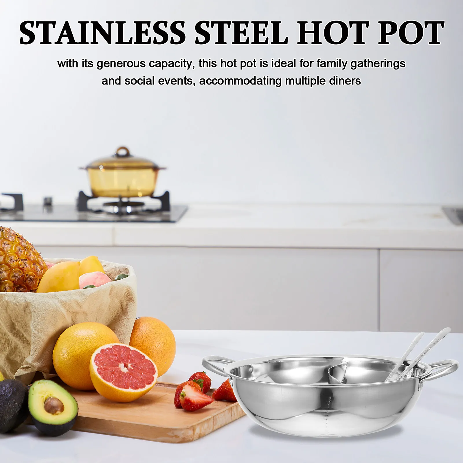 Juego de Olla Caliente Dividida de Acero Inoxidable, Calentamiento Rápido, Gran Capacidad, Perfecta para Uso Familiar y en Restaurantes, con Cuchara para Hotpot Chino