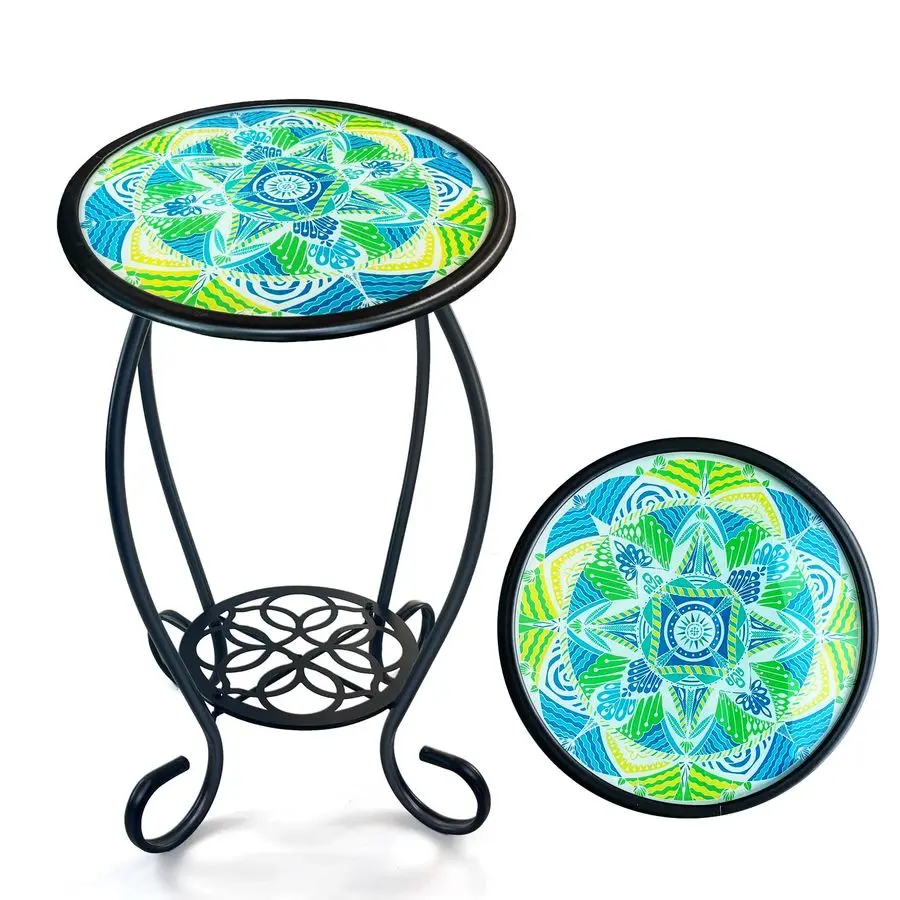 

Mosaic Outdoor Side Table, 14 Round Patio Side Table, Mosaic Plant Stand, End Table W Storage Shelf, Small Bistro Coffee Table f