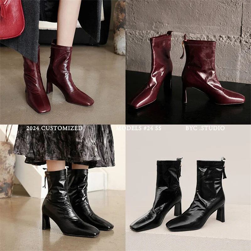 Burgundy Genuine Leather Square Toe Chunky Heels Solid Pleated Boots Retro Botas Sewing  Runway Cozy Fashion Modern Shoes Zipper