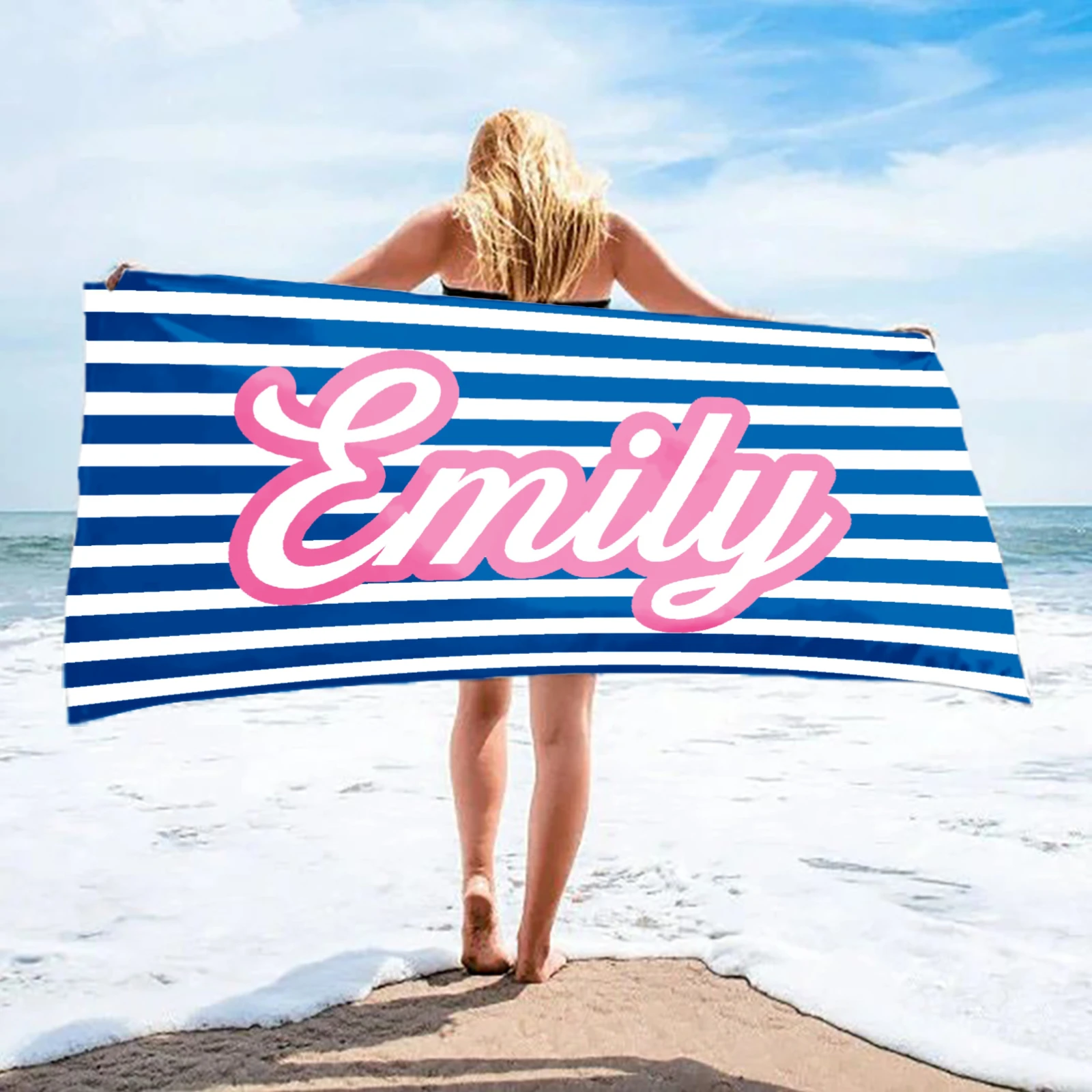 Retro Personalized Name Beach Towel, Striped Custom Pool Towel, Family Vacation, Birthday Gift, Bridesmaid Towel, Kids Pool