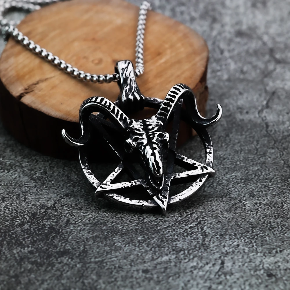 European and American Style Retro Gothic Style Devil Satan Pentagram Sheep Head Fashion Domineering Men\'s Pendant Jewelry