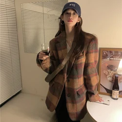 GIDYQ w stylu Vintage w kratę wełniana kurtka damska Y2k Streetwear luźny pikowana w koreańskim stylu oversize codzienna ciepła marynarka odzież wierzchnia zimowa