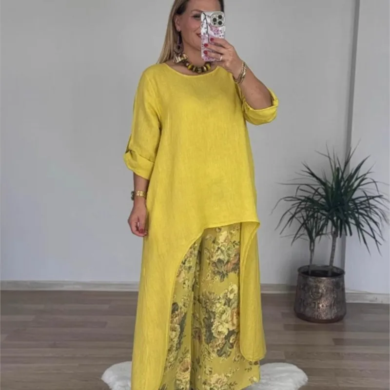 면-린넨 원단 신상 여성 캐주얼 의상 투피스 불규칙 긴팔 크루넥 탑 + 프린트 와이드 팬츠 신상투피스