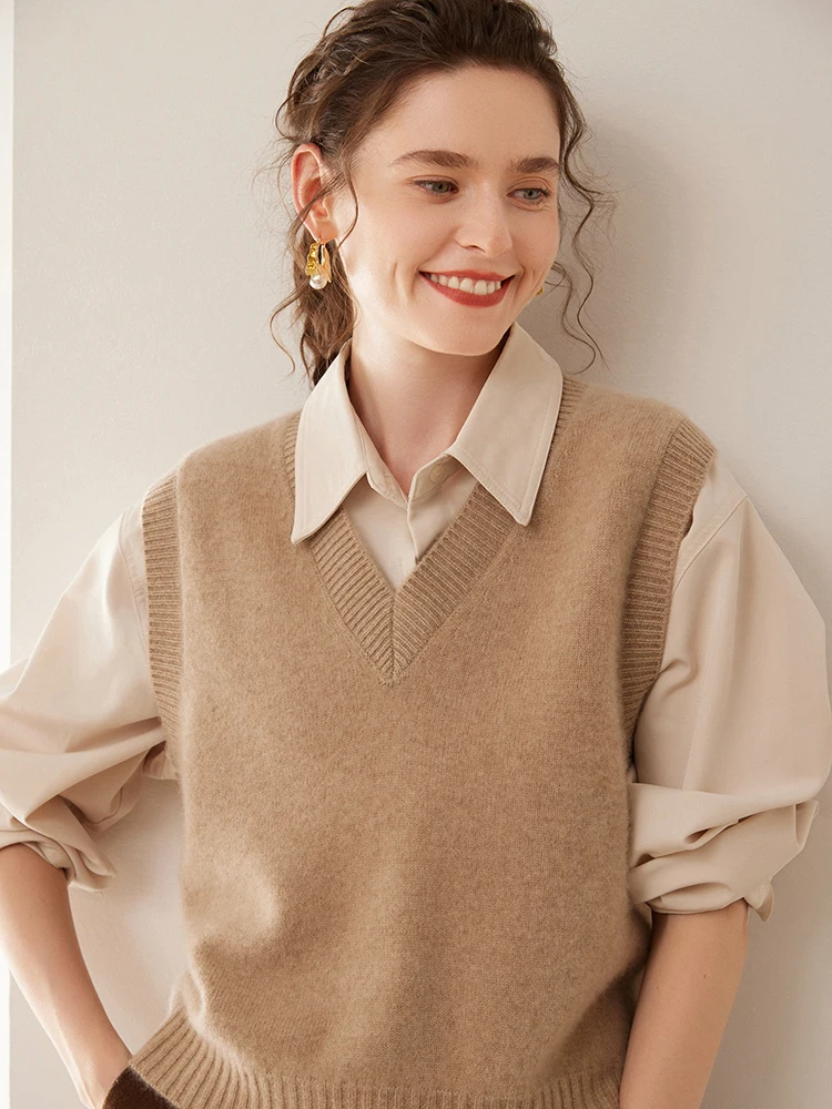 Feminino outono inverno sem mangas com decote em v pulôver colete 100% camisola de caxemira básico macio colete estilo coreano topos