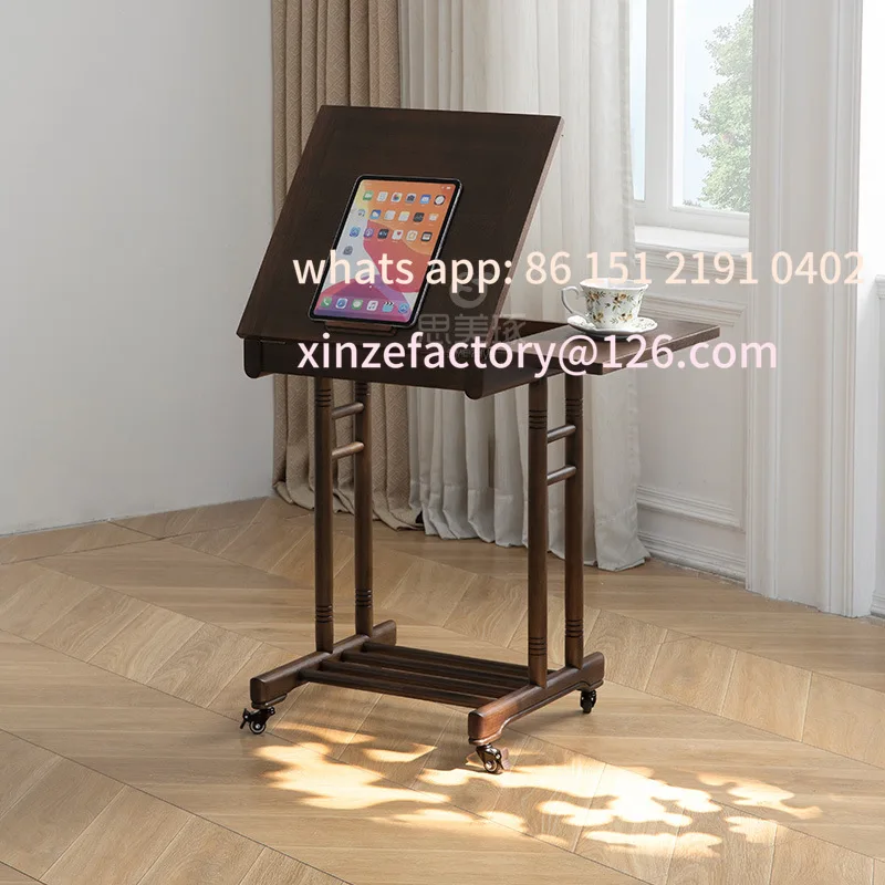 

Customizable American all-solid wood coffee table household living room trolley movable folding retro sofa edge corner table