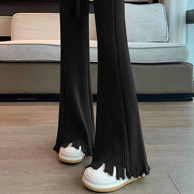 Knee-Length Knitted Wide Leg Pants Women's Spring Autumn Chic Flared Pants Small Stature Casual Long Pants Korean Sle