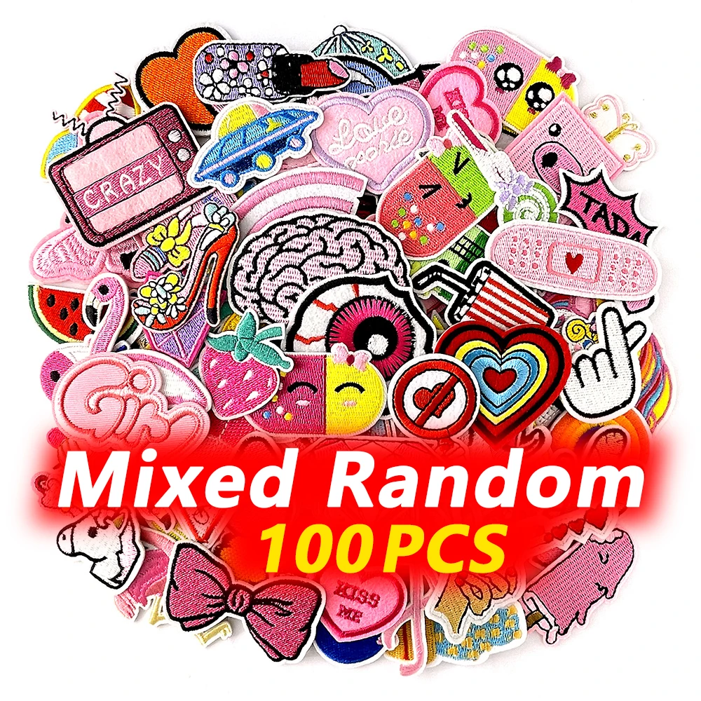 100Pcs Random Mixed Packaging Decoration Patches Embroidery Applique Ironing Clothing Supplies Decorative Pink Cloth Patch