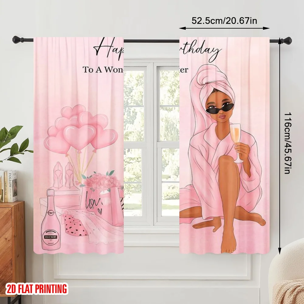 2pcs,2D plane printing Window Curtain Birthday Bliss Polyester Fabric (without rod) All Seasons Perfect for Living Room &