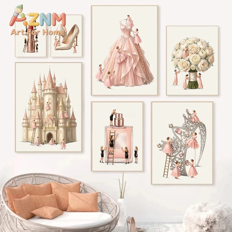 AZNM Pink Princess Castle Dress Canvas Wall Art Mini Figure High Heel Perfume Lipstick Floral Art Print Unframed Canvas Poster f