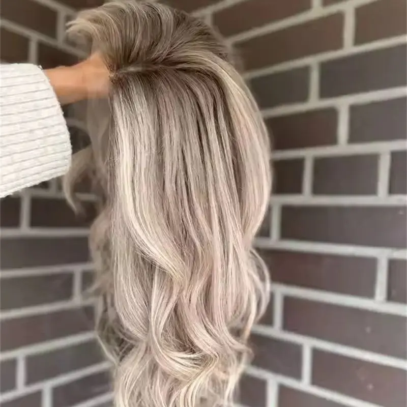 

Ash Roots Blonde Colored Wigs 13x4 Synthetic Lace Front Wigs for Women Long Natural Wavy Hair Lace Frontal Wig Factory Sale