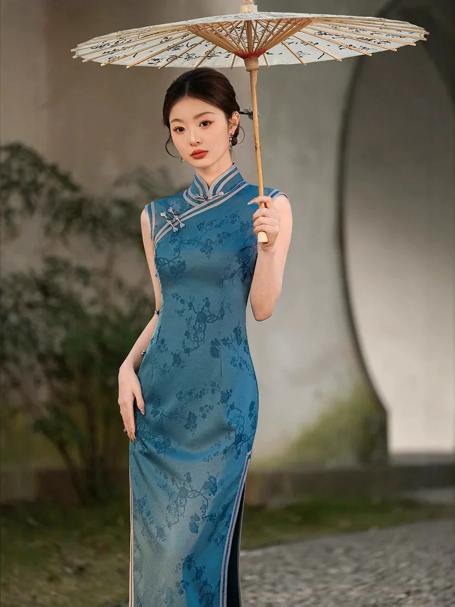

Весна/Лето 2022, новый улучшенный Cheongsam без рукавов, длинный стиль, синий китайский стиль, для похудения, Сучжоу Ципао Cheongsam