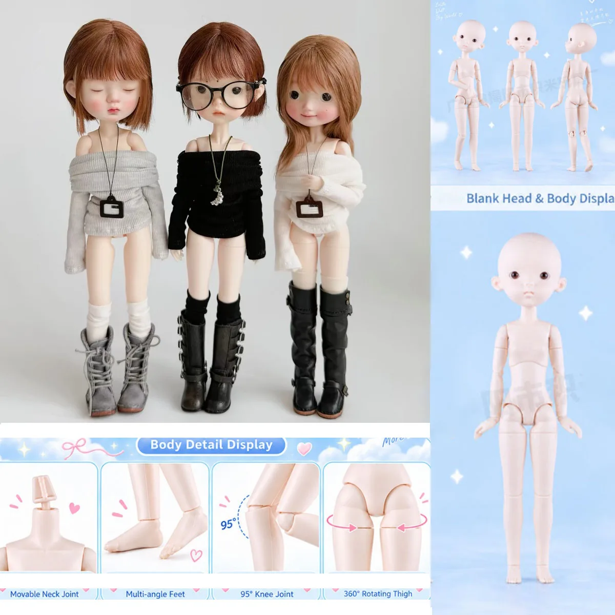 1/6 New Machine Body MJD Doll Cute Round Face OB22 Doll Vinyl Head Pout Fair Skin Makeup Practice MJD Doll Body+Blank Head Set