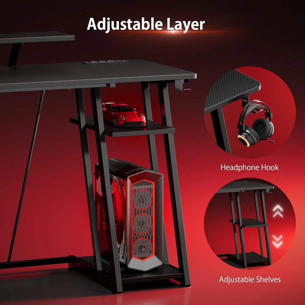 مكتب ألعاب بإضاءة LED مقاس 47 بوصة مع منافذ طاقة وطاولة من ألياف الكربون قابلة للتعديل تتميز بحامل شاشة وتخزينها